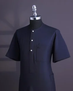 A Midnight blue, brown Aaron wool, front flap with silver Swarovski button, shorts sleeve African senator kaftan native.