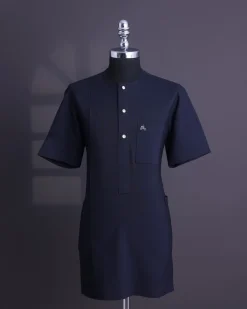 A Midnight blue, brown Aaron wool, front flap with silver Swarovski button, shorts sleeve African senator kaftan native.