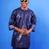 A Midnight Blue, Front Flap, 3/4 Sleeve African Senator Kaftan Native.