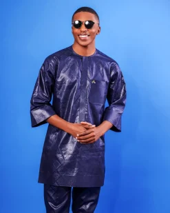 A Midnight Blue, Front Flap, 3/4 Sleeve African Senator Kaftan Native.