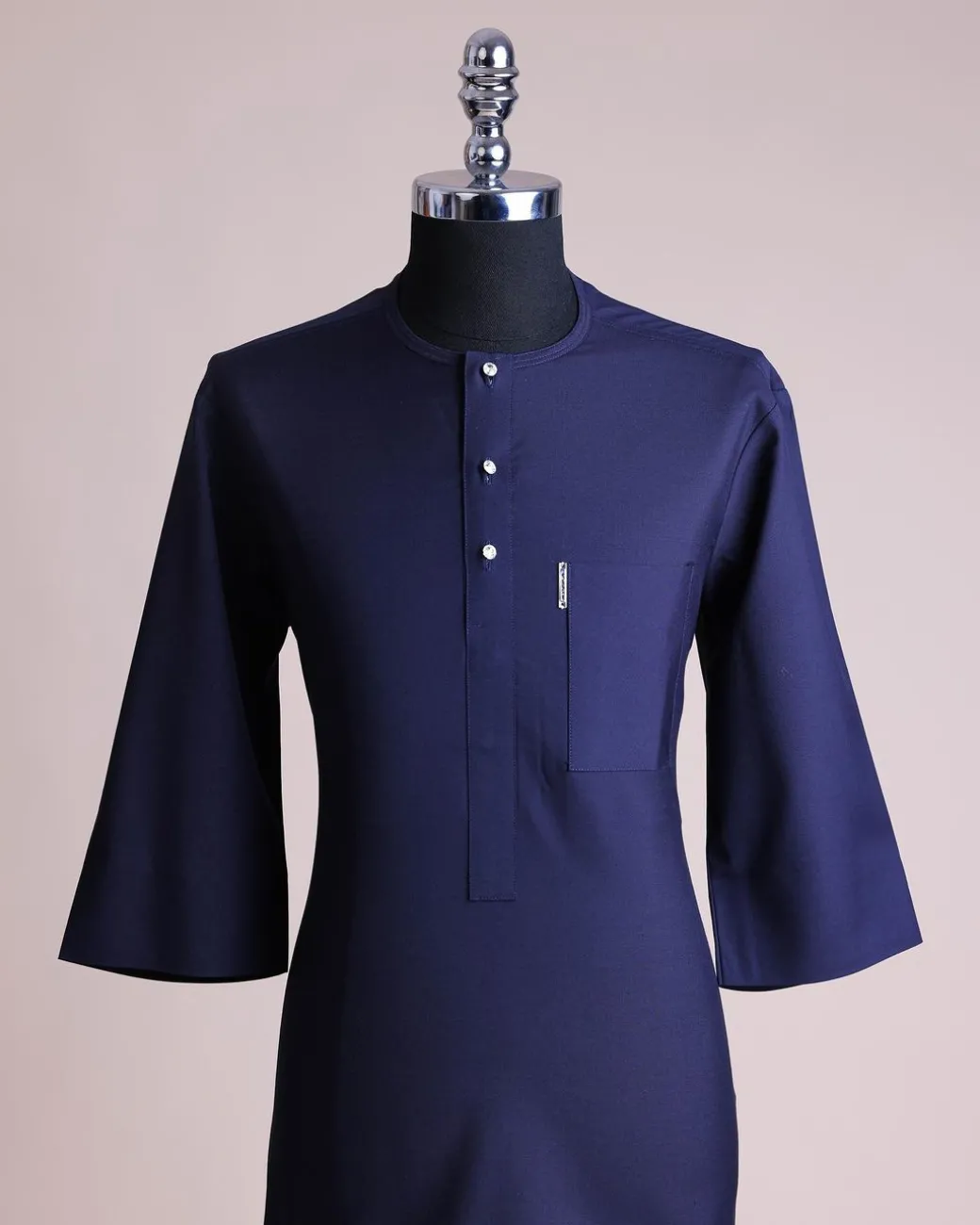 A Midnight Blue, front flap with clear view Swarovski button, 3/4 sleeve African senator kaftan native.