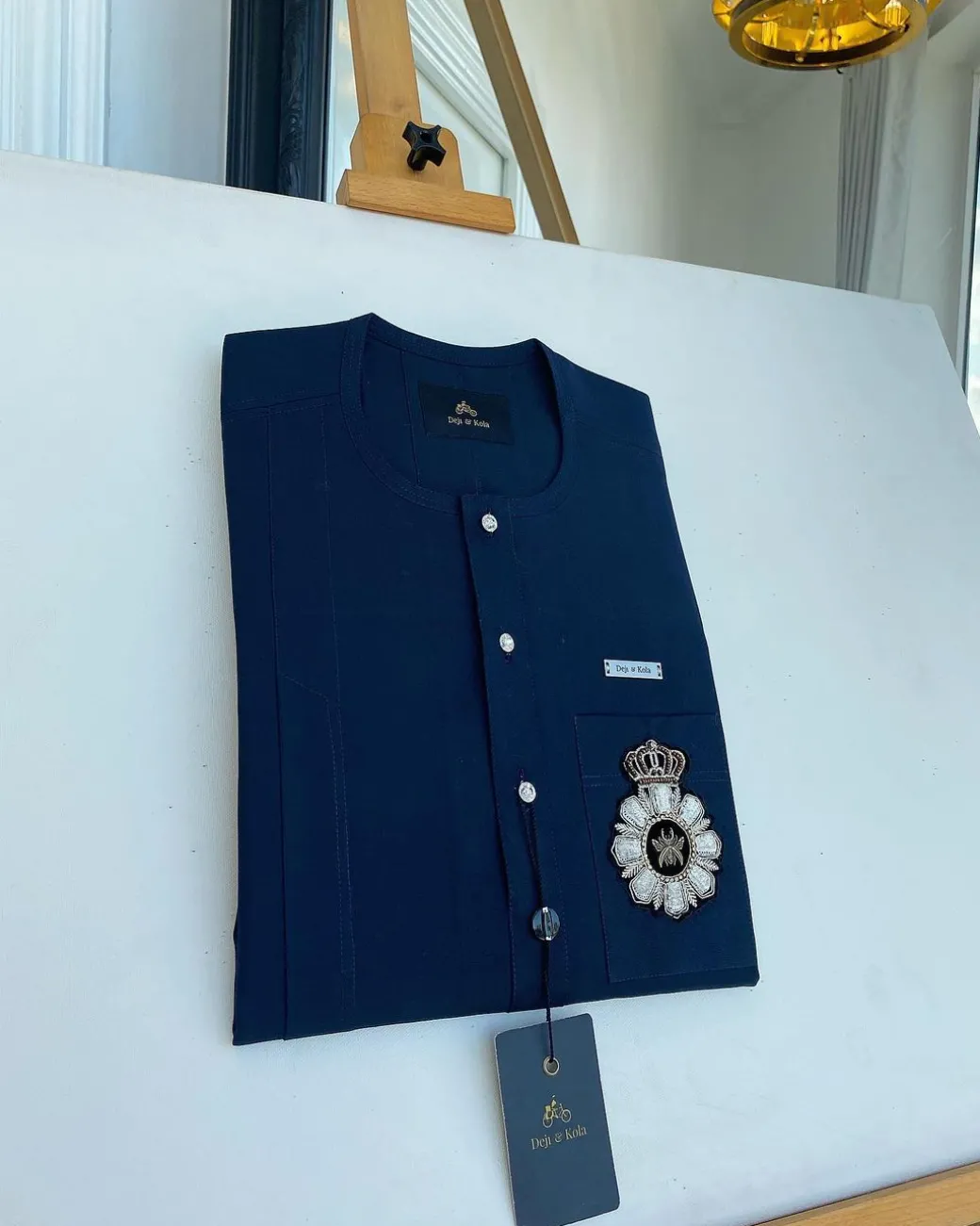 A Midnight Blue, Front Flap With Clear View Swarovski Buttons African Traditional Senator Kaftan.