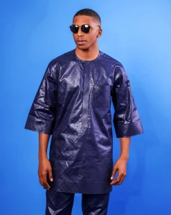 A Midnight Blue, Front Flap, 3/4 Sleeve African Senator Kaftan Native.
