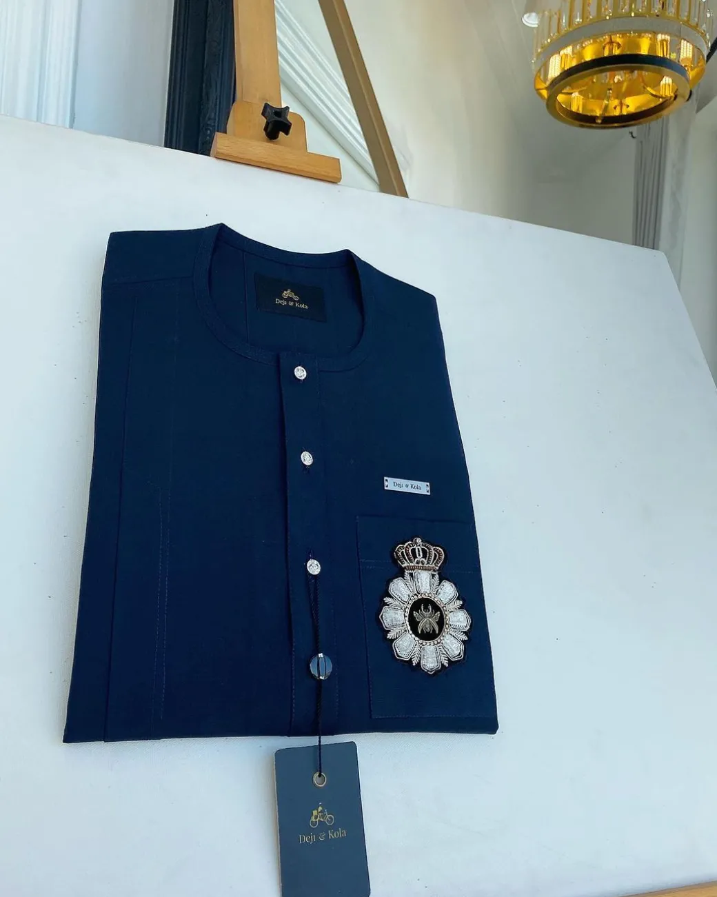 A Midnight Blue, Front Flap With Clear View Swarovski Buttons African Traditional Senator Kaftan.