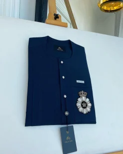 A Midnight Blue, Front Flap With Clear View Swarovski Buttons African Traditional Senator Kaftan.