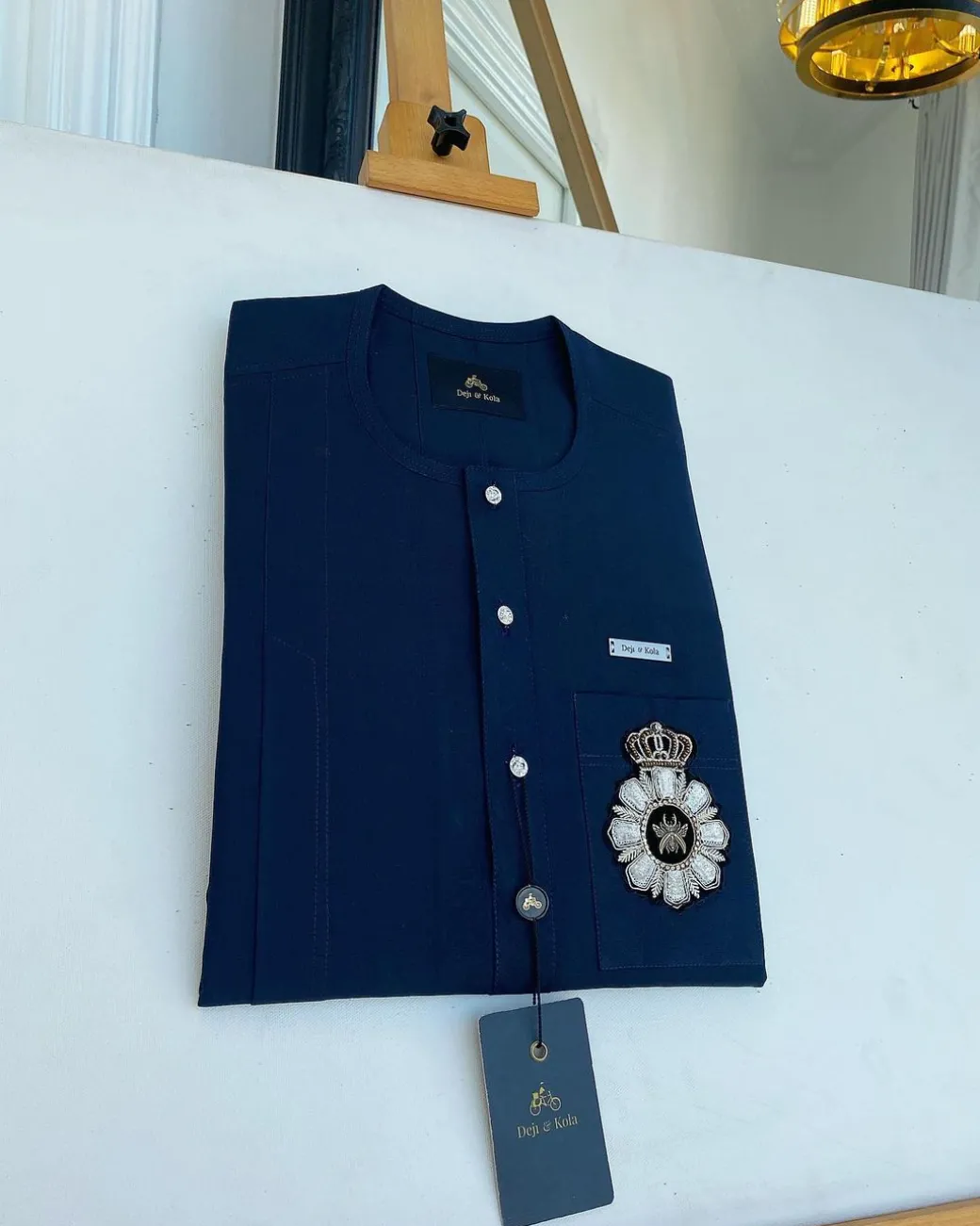 A Midnight Blue, Front Flap With Clear View Swarovski Buttons African Traditional Senator Kaftan.