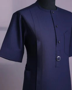 A Midnight blue, invisible pencil stripe, jorgecarli, front flap with button, 3/4-sleeve African senator kaftan native