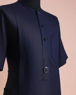 A Midnight Blue, Invisible Herringbone Stripe, Jorgecarli, Front Flap with Black Swarovski Button, 3/4 Sleeve African Senator Kaftan Native.