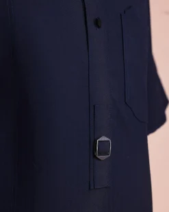 A Midnight Blue, Invisible Herringbone Stripe, Jorgecarli, Front Flap with Black Swarovski Button, 3/4 Sleeve African Senator Kaftan Native.