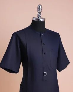 A Midnight Blue, Invisible Herringbone Stripe, Jorgecarli, Front Flap with Black Swarovski Button, 3/4 Sleeve African Senator Kaftan Native.