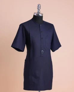 A Midnight Blue, Invisible Herringbone Stripe, Jorgecarli, Front Flap with Black Swarovski Button, 3/4 Sleeve African Senator Kaftan Native.