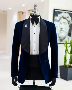 A Midnight Blue, Knitted, Shawl Lapel Tuxedo Suit