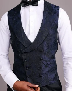 A Midnight Blue, Root and Splashed Plant Print Jacquard Peak Lapel Suit