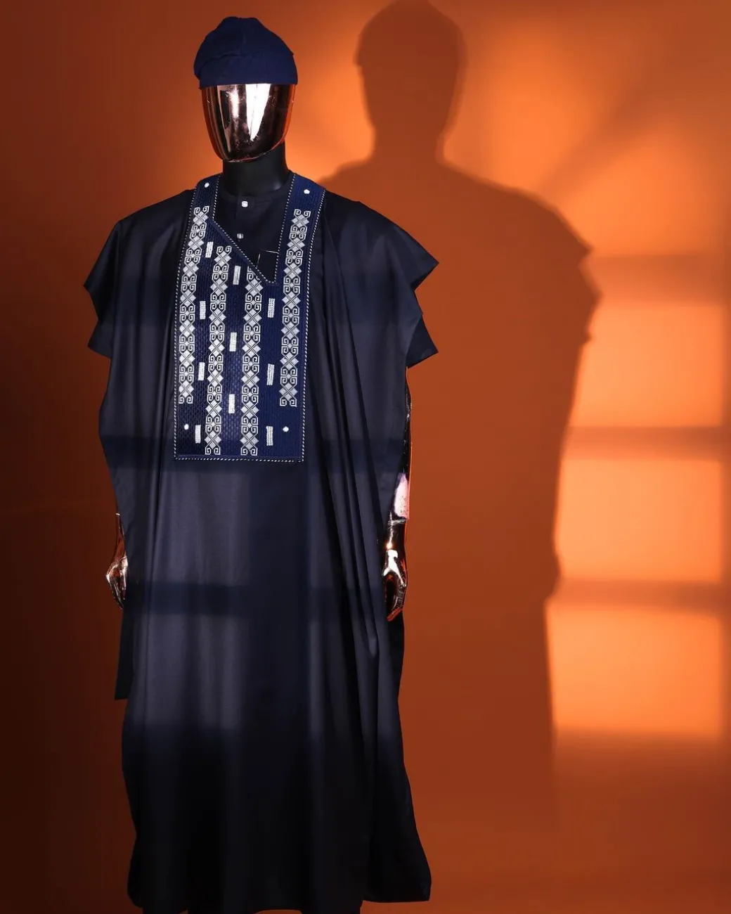 A Midnight blue, shattered interwoven embroidery with Swarovski stones details Agbada