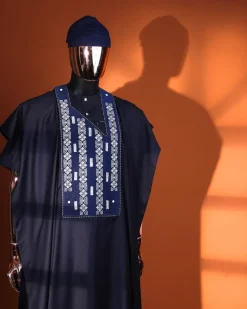 A Midnight blue, shattered interwoven embroidery with Swarovski stones details Agbada
