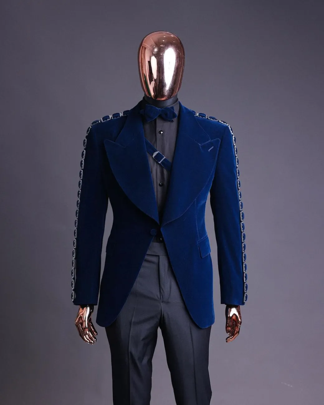 A Midnight Blue, soaked velvet fabric, knitted, wide peak lapel tuxedo suit