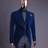 A Midnight Blue, soaked velvet fabric, knitted, wide peak lapel tuxedo suit