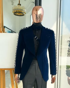 A Midnight Blue, soaked velvet fabric, knitted, wide peak lapel tuxedo suit