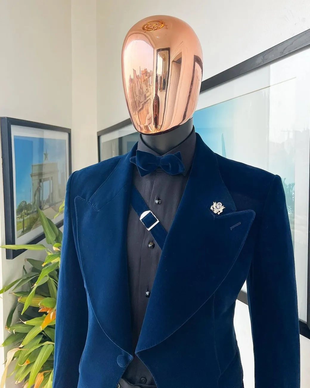 A Midnight Blue, Soaked Velvet Fabric, Knitted, Wide Peak Lapel Tuxedo Suit.