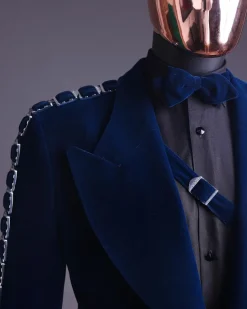 A Midnight Blue, soaked velvet fabric, knitted, wide peak lapel tuxedo suit