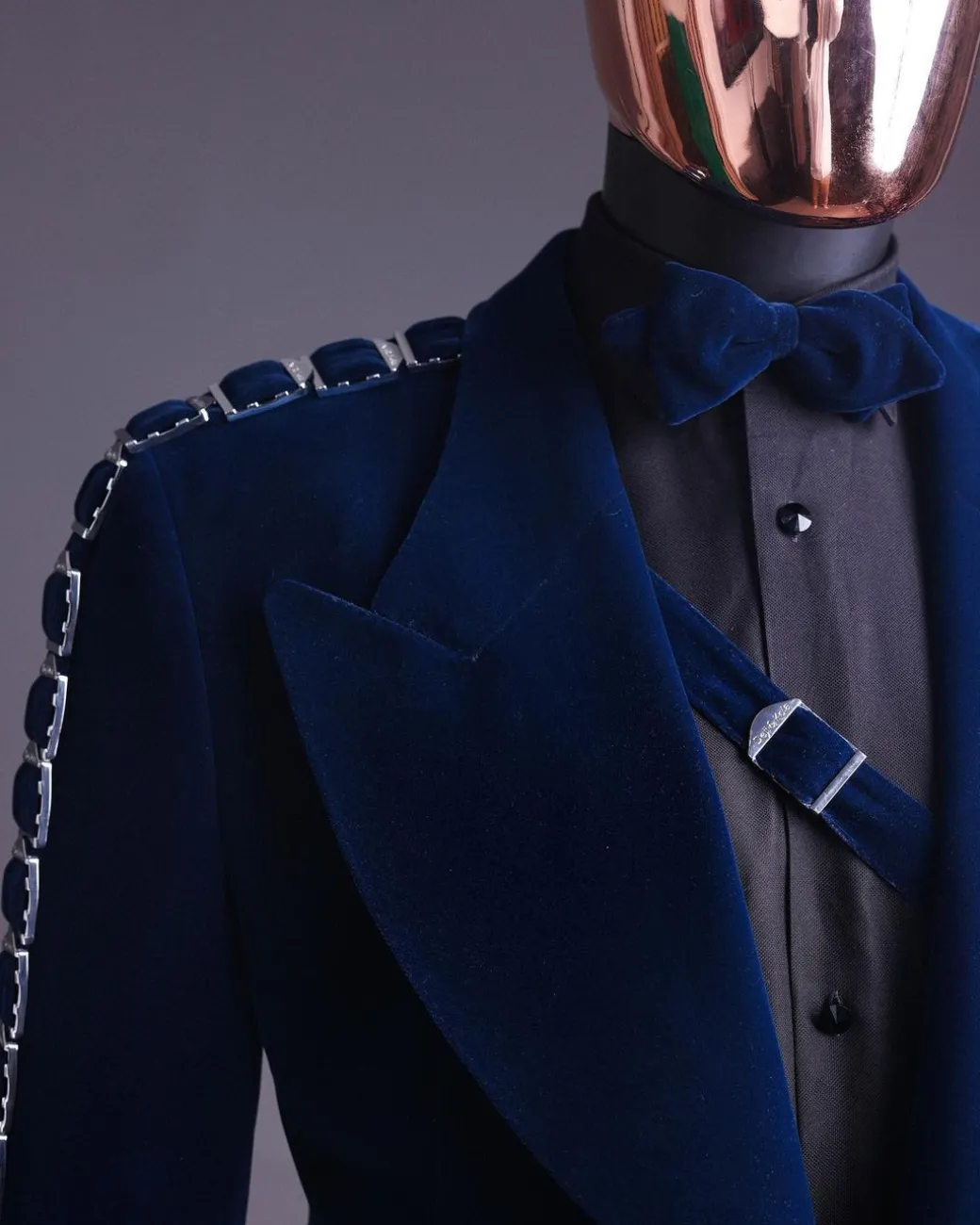 A Midnight Blue, soaked velvet fabric, knitted, wide peak lapel tuxedo suit