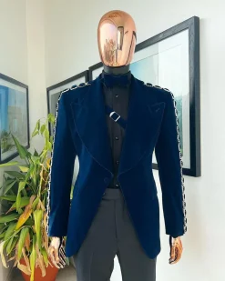 A Midnight Blue, soaked velvet fabric, knitted, wide peak lapel tuxedo suit