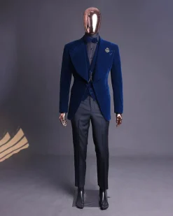 A Midnight Blue, soaked velvet fabric, knitted, wide peak lapel tuxedo suit