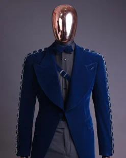 A Midnight Blue, soaked velvet fabric, knitted, wide peak lapel tuxedo suit