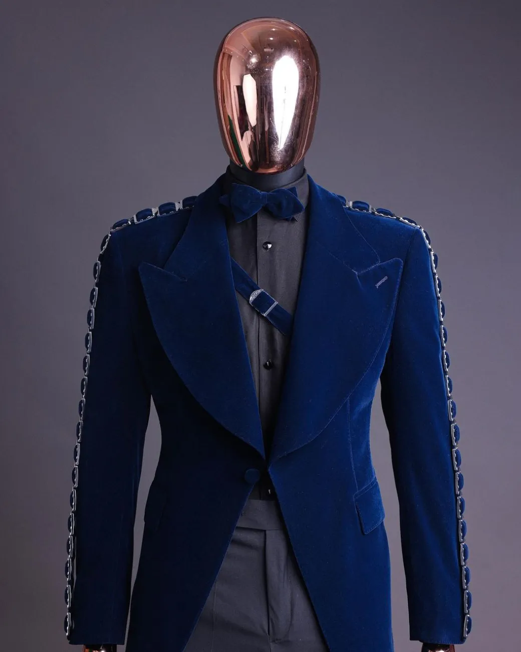 A Midnight Blue, soaked velvet fabric, knitted, wide peak lapel tuxedo suit