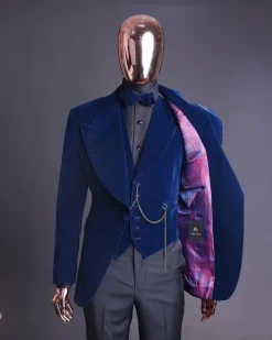 A Midnight Blue, soaked velvet fabric, knitted, wide peak lapel tuxedo suit