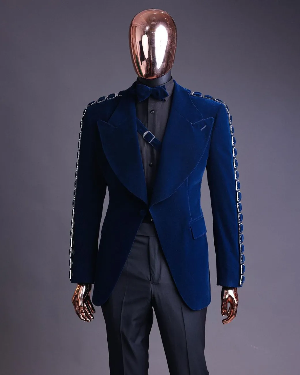 A Midnight Blue, soaked velvet fabric, knitted, wide peak lapel tuxedo suit