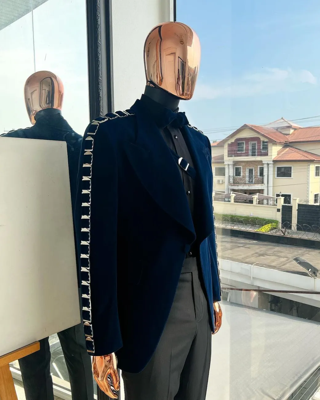 A Midnight Blue, soaked velvet fabric, knitted, wide peak lapel tuxedo suit