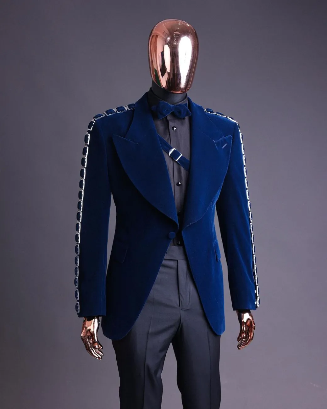 A Midnight Blue, soaked velvet fabric, knitted, wide peak lapel tuxedo suit