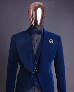 A Midnight Blue, soaked velvet fabric, knitted, wide peak lapel tuxedo suit