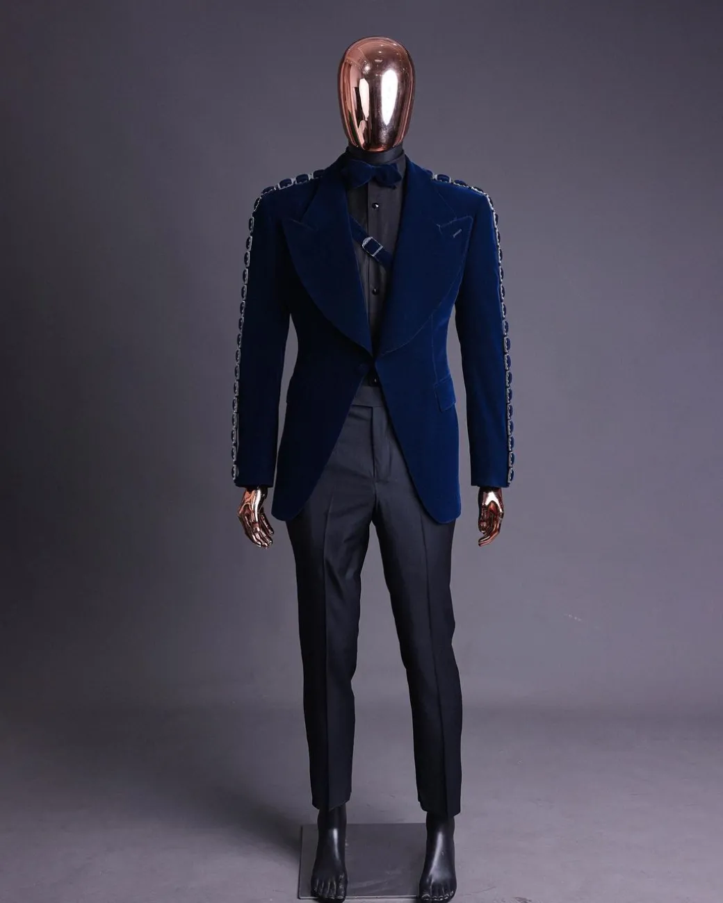 A Midnight Blue, soaked velvet fabric, knitted, wide peak lapel tuxedo suit
