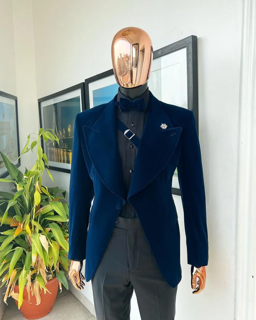 A Midnight Blue, Soaked Velvet Fabric, Knitted, Wide Peak Lapel Tuxedo Suit.