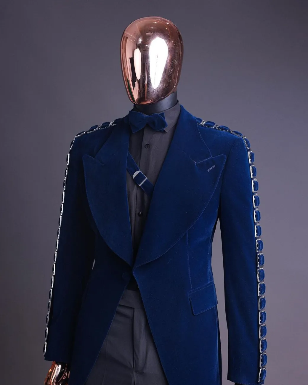 A Midnight Blue, soaked velvet fabric, knitted, wide peak lapel tuxedo suit
