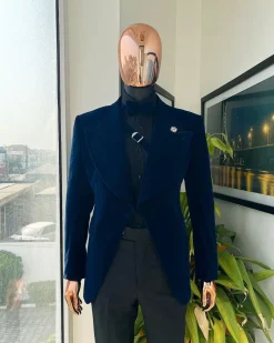 A Midnight Blue, Soaked Velvet Fabric, Knitted, Wide Peak Lapel Tuxedo Suit.