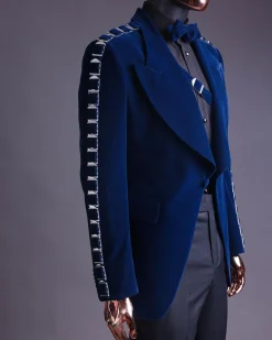 A Midnight Blue, soaked velvet fabric, knitted, wide peak lapel tuxedo suit