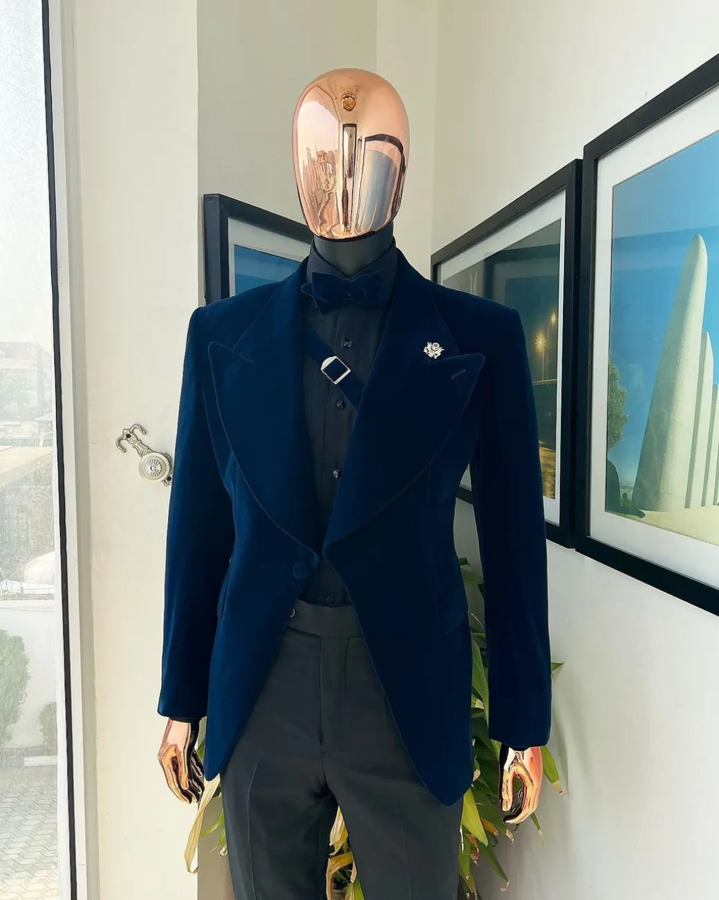 A Midnight Blue, Soaked Velvet Fabric, Knitted, Wide Peak Lapel Tuxedo Suit.