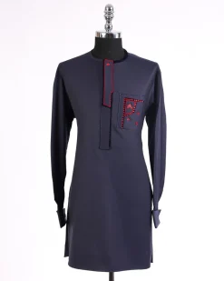 A Midnight Blue, thick midpoint embroidery, tomato red Swarovski stone detailing african traditional senator kaftan native.