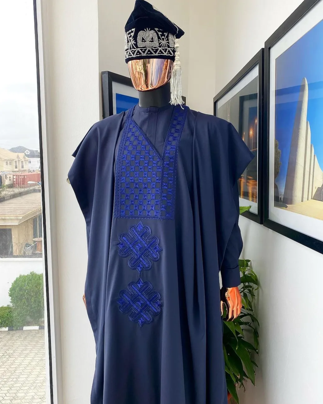 A Midnight Blue with a mixed interwoven square design Agbada