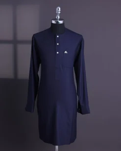 A Midnight blue,invisible stripe, jorgecarli, front flap with silver Swarovski button, long sleeve African senator kaftan native.