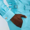 A Mikado Silk, turquoise blue, Gurkha pant with covered belt jab.
