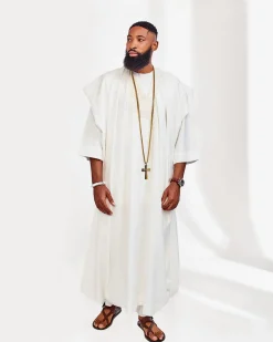A Milk White embroidery detailing African Agbada