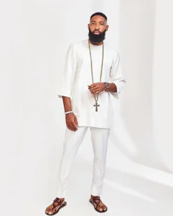 A Milk White plain flap, Wide 3/4-sleeve Sleeve Style African Kaftan