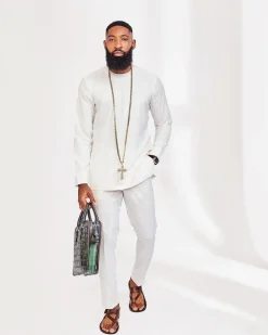 A Milk White, Slide Neck Style African Kaftan