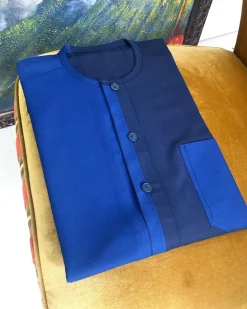 A Mixed navy and sky blue button flap African kaftan