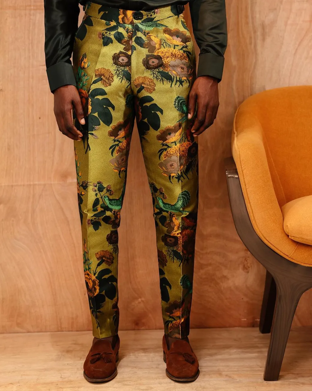 A mixed shade of green with a splash of gold-printed jacquard pants.