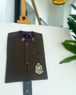 A Mocha Brown, clear view transparent Swarovski buttons, front flap, hand embroidery patch detailing African kaftan native.
